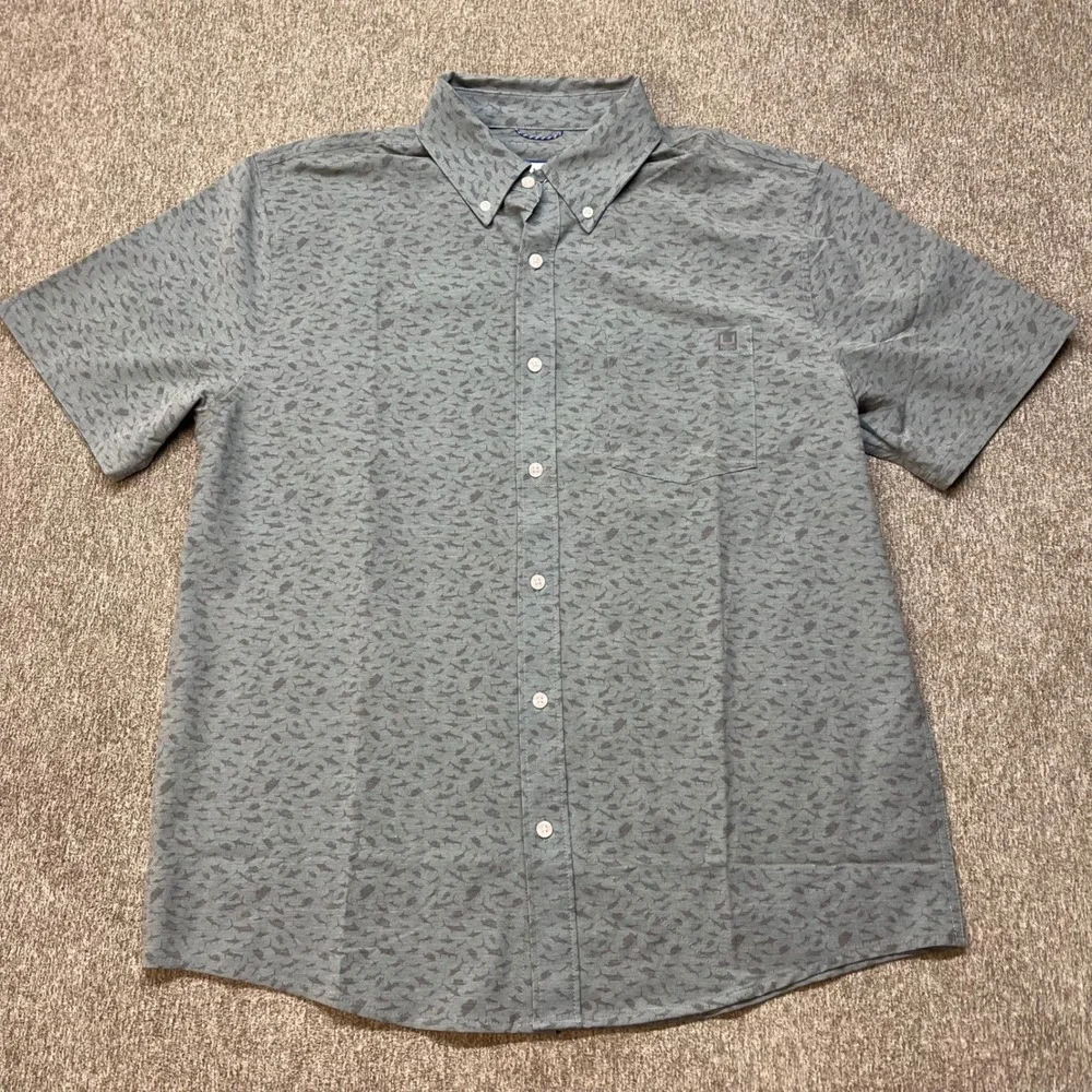Huk Kona Mens Short Sleeve Button Down Fishing Shirt Gray Print Large